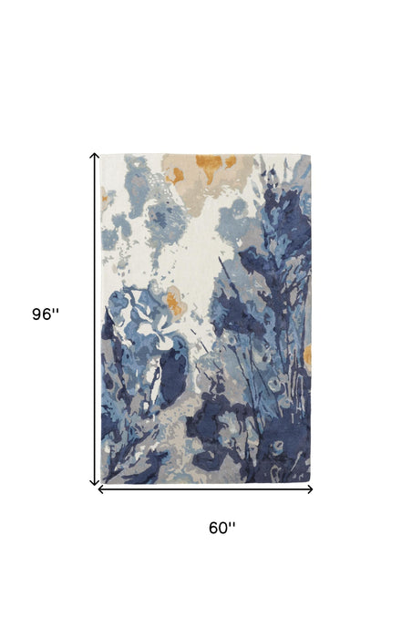 5' X 8' Blue Wool Floral Hand Tufted Area Rug