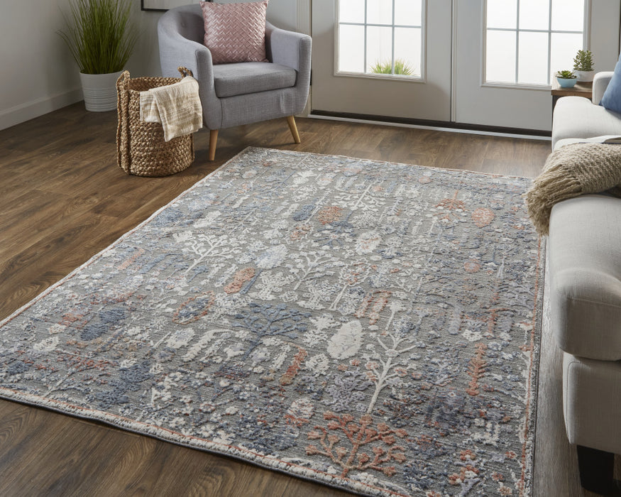 9' X 13' Gray and Ivory Floral Power Loom Area Rug