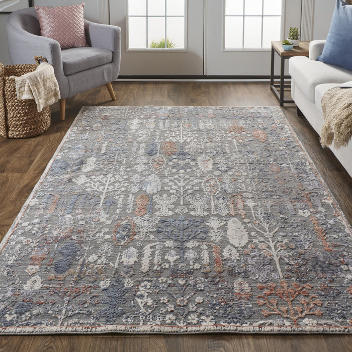 9' X 13' Gray and Ivory Floral Power Loom Area Rug