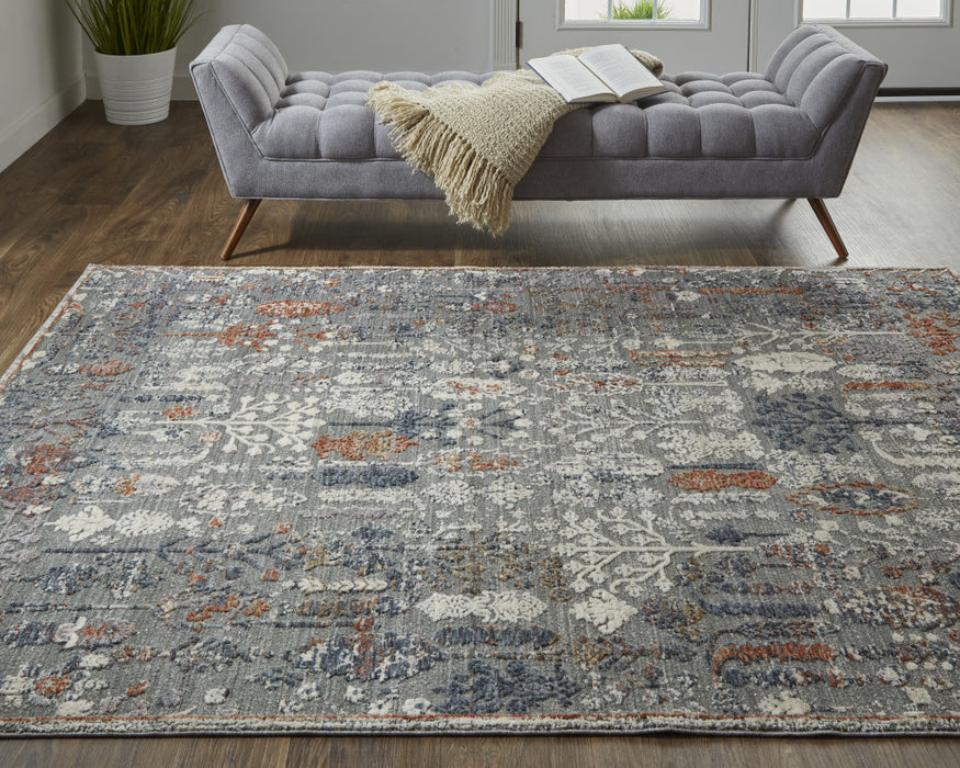 9' X 13' Gray and Ivory Floral Power Loom Area Rug