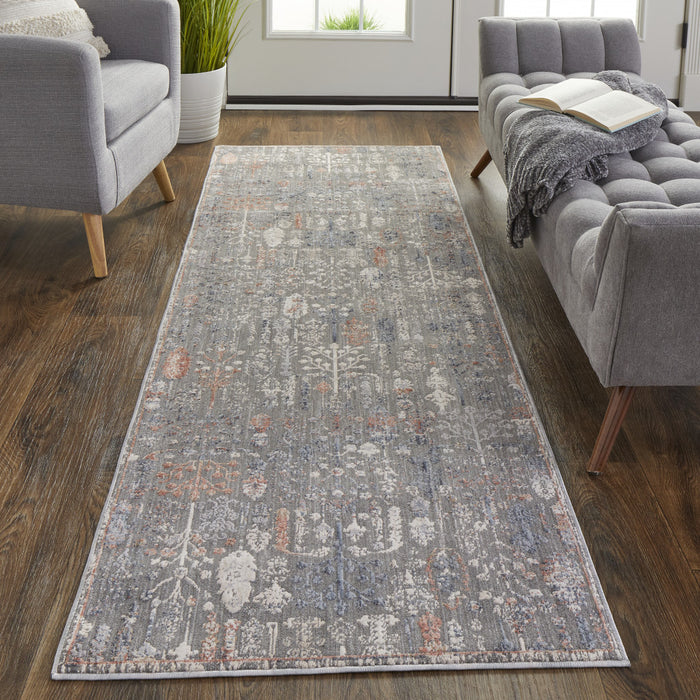 9' X 13' Gray and Ivory Floral Power Loom Area Rug