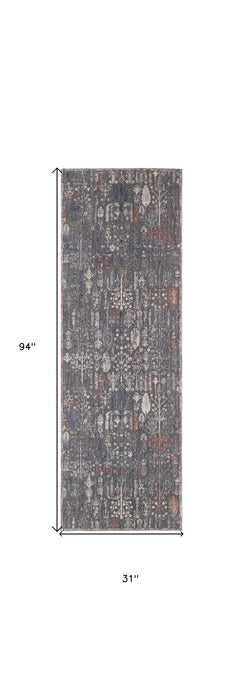 9' X 13' Gray and Ivory Floral Power Loom Area Rug