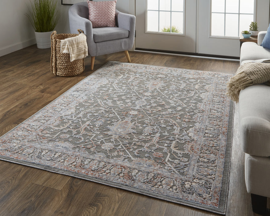 8' X 10' Gray and Ivory Floral Power Loom Area Rug