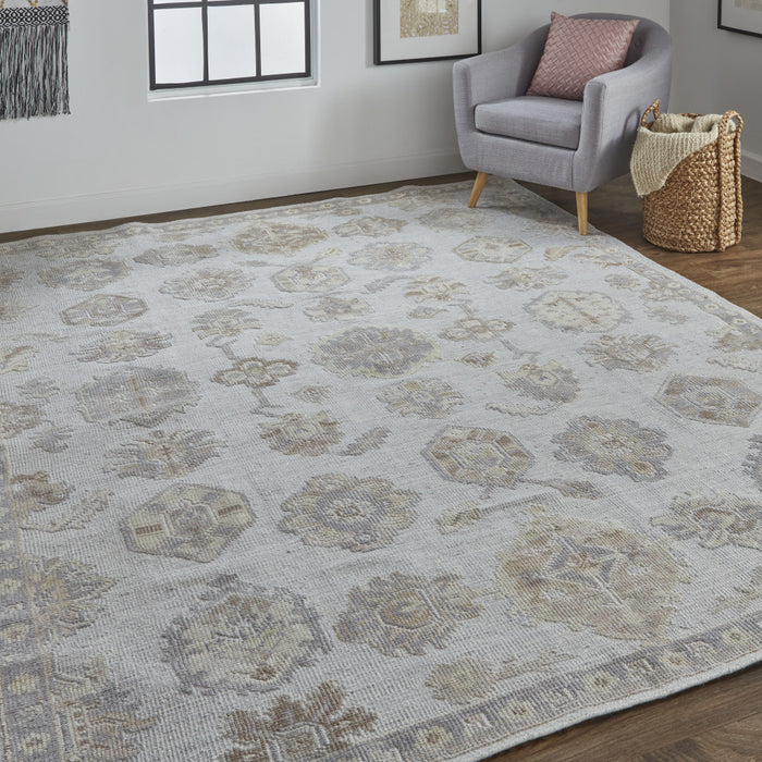 4' X 6' Ivory Silver And Tan Floral Hand Knotted Stain Resistant Area Rug