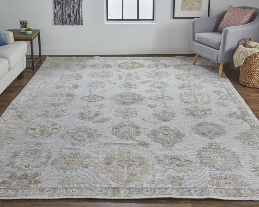 4' X 6' Ivory Silver And Tan Floral Hand Knotted Stain Resistant Area Rug