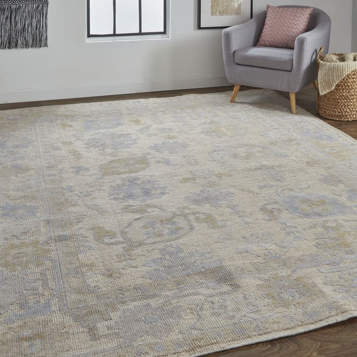 4' X 6' Tan Orange And Blue Floral Hand Knotted Stain Resistant Area Rug