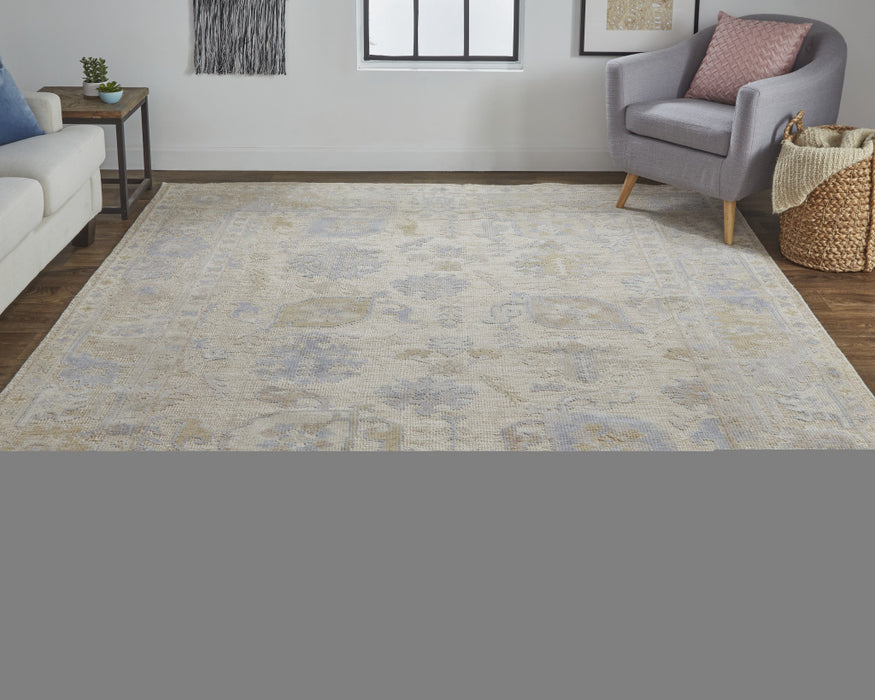 4' X 6' Tan Orange And Blue Floral Hand Knotted Stain Resistant Area Rug