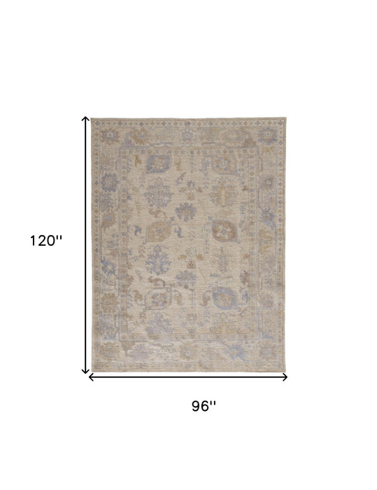 4' X 6' Tan Orange And Blue Floral Hand Knotted Stain Resistant Area Rug