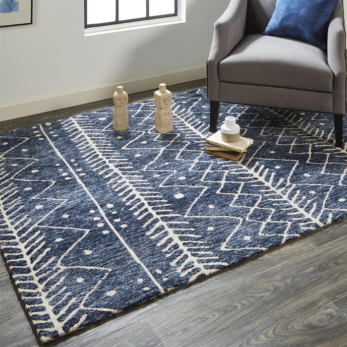 10' X 13' Blue And Ivory Striped Stain Resistant Area Rug