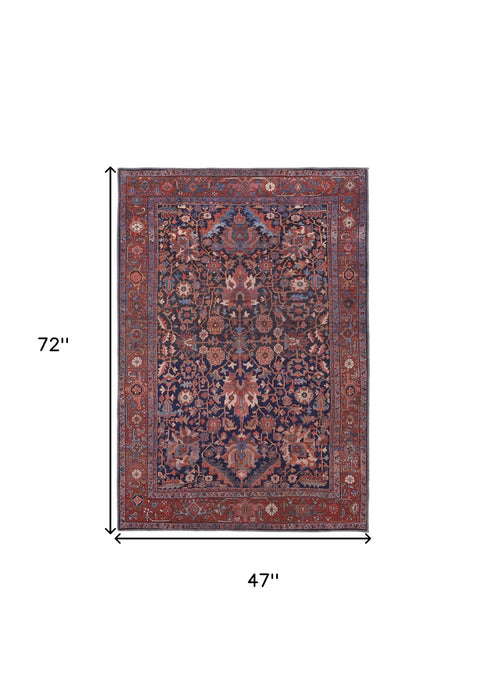 4' X 6' Red Orange And Blue Floral Power Loom Area Rug