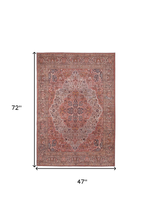 4' X 6' Red Tan And Pink Floral Power Loom Area Rug