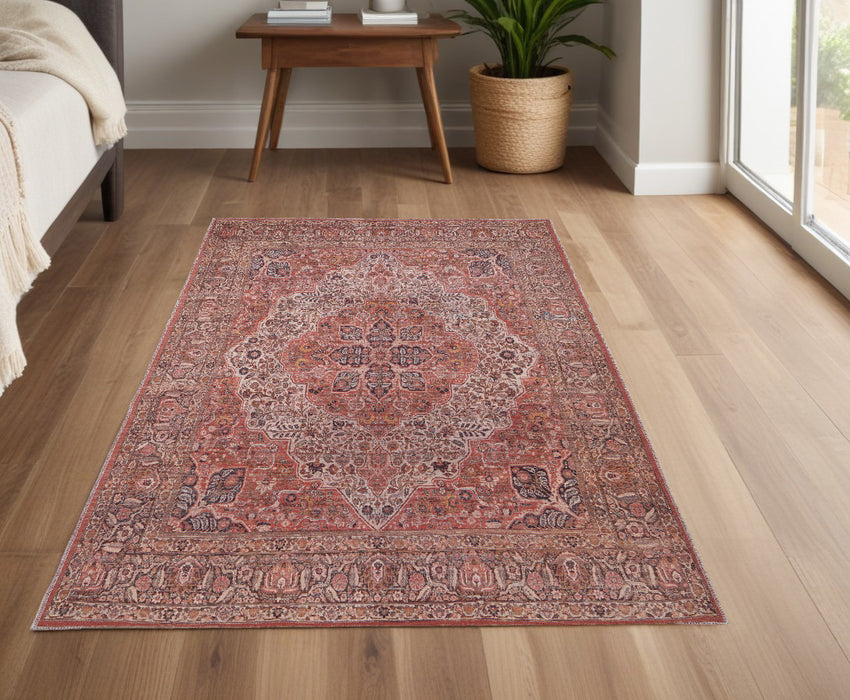 4' X 6' Red Tan And Pink Floral Power Loom Area Rug