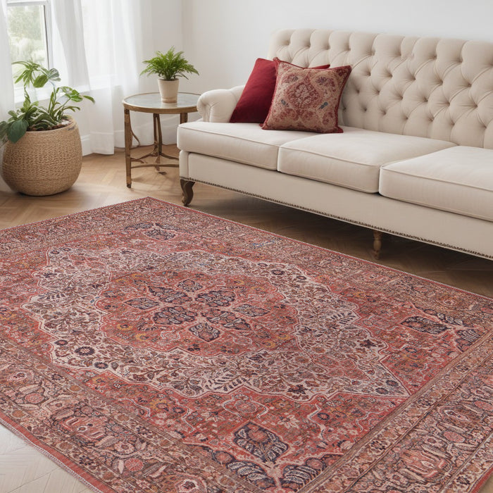 4' X 6' Red Tan And Pink Floral Power Loom Area Rug