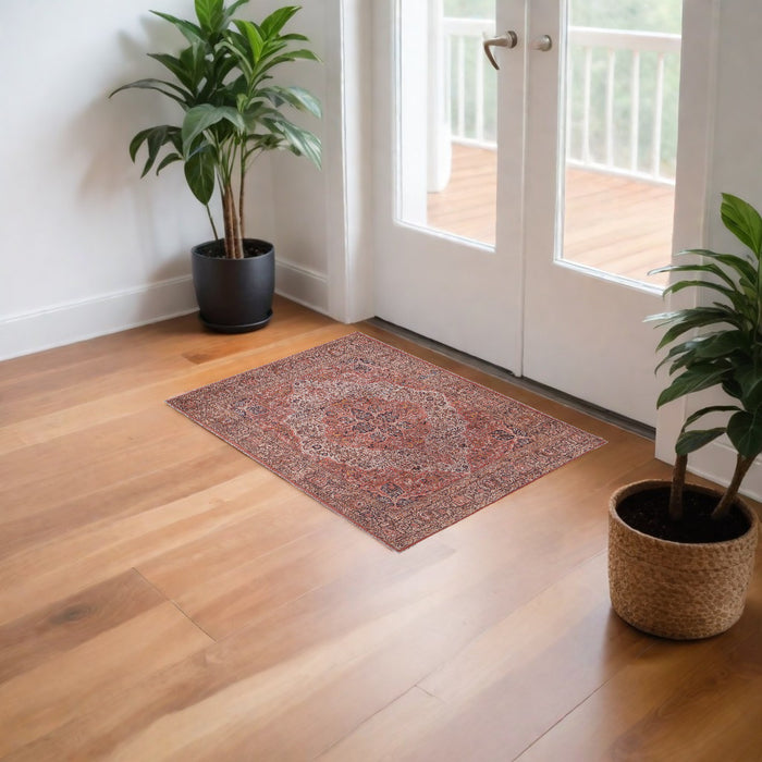 4' X 6' Red Tan And Pink Floral Power Loom Area Rug