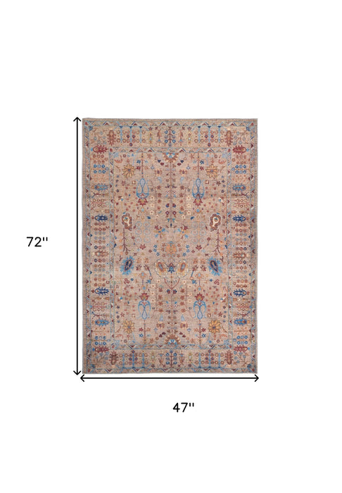 4' X 6' Tan Pink And Blue Floral Power Loom Area Rug