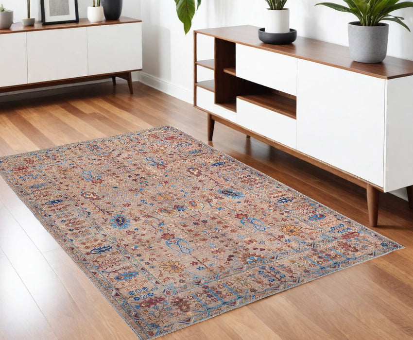 4' X 6' Tan Pink And Blue Floral Power Loom Area Rug