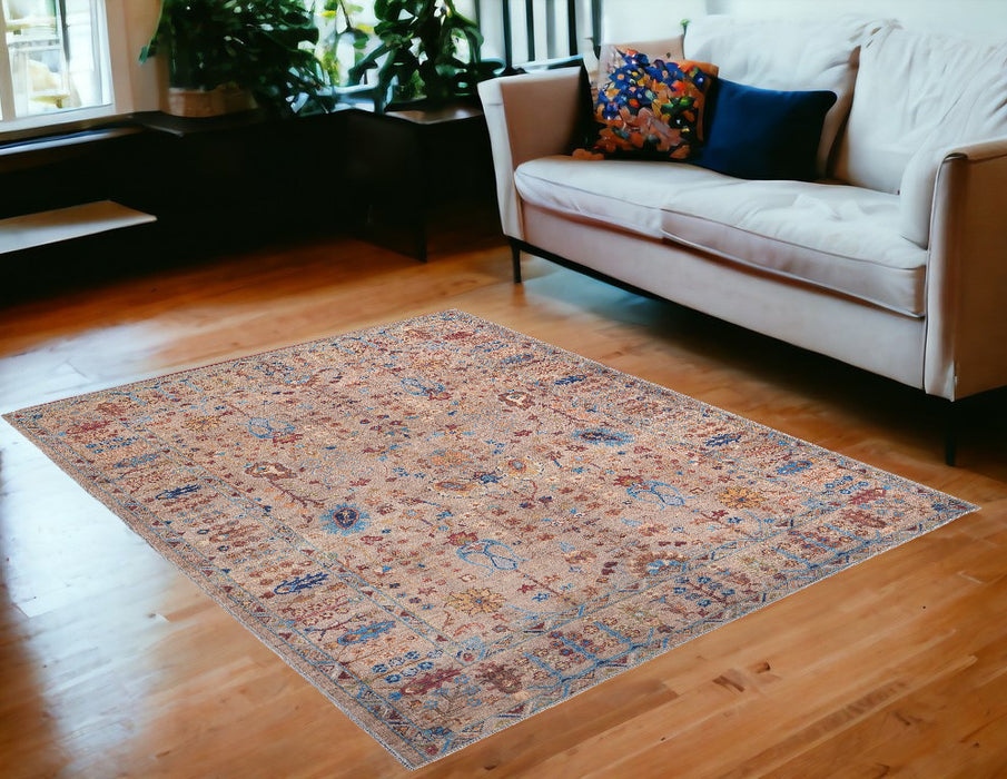 4' X 6' Tan Pink And Blue Floral Power Loom Area Rug