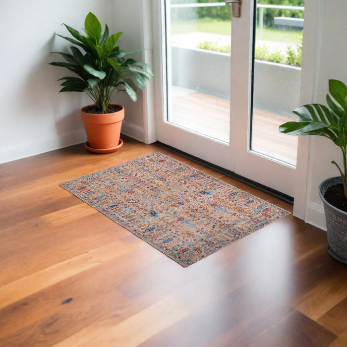 4' X 6' Tan Pink And Blue Floral Power Loom Area Rug