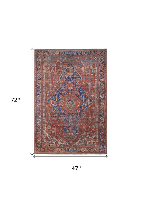 4' X 6' Red Tan And Blue Floral Power Loom Area Rug