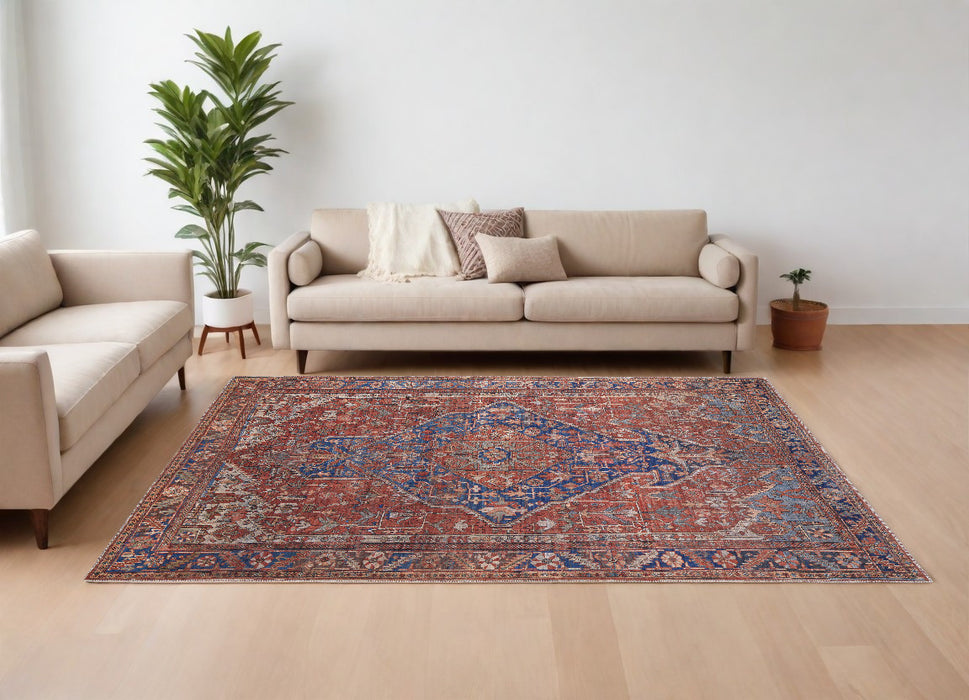 4' X 6' Red Tan And Blue Floral Power Loom Area Rug