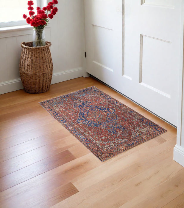 4' X 6' Red Tan And Blue Floral Power Loom Area Rug