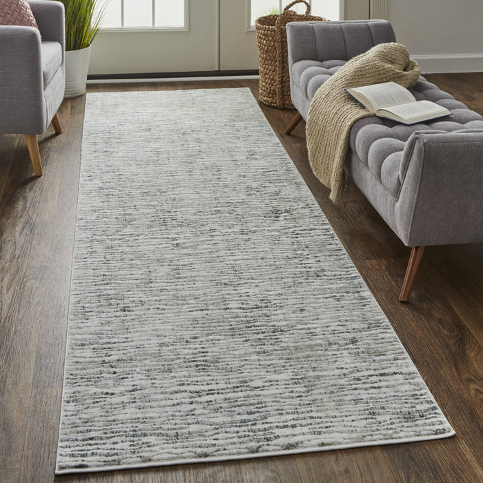 10' X 13' Gray Green And Ivory Striped Distressed Stain Resistant Area Rug - herplace.store