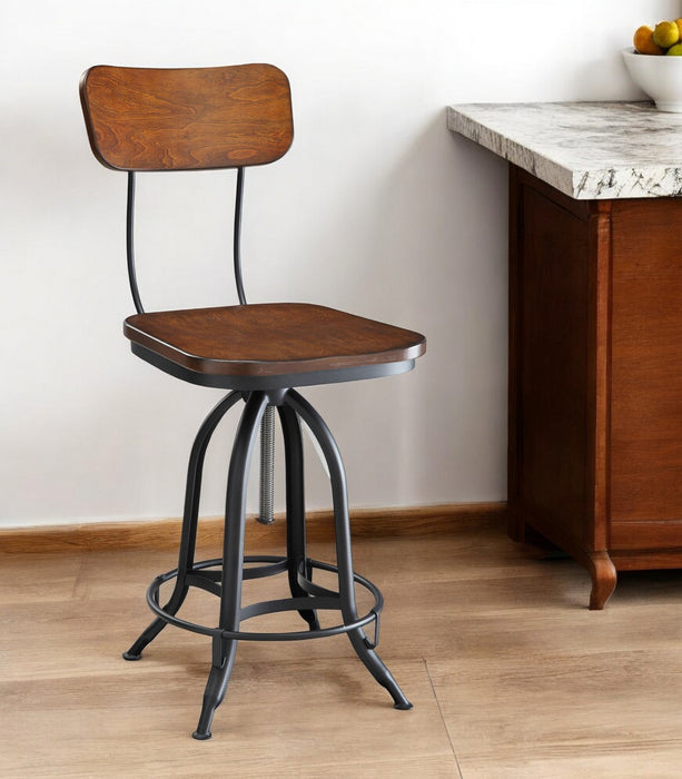 Chestnut And Black Solid Wood And Steel Adjustable Height Swivel Bar Chair