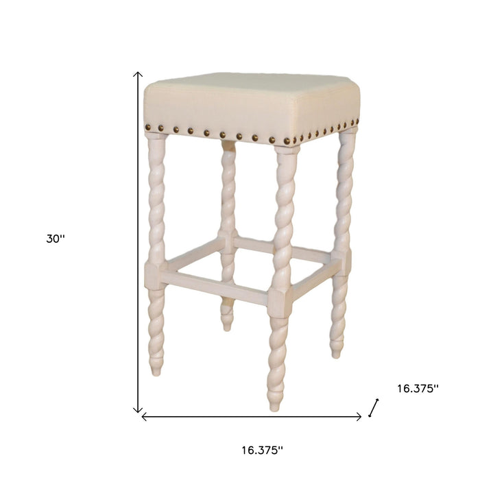 30" Cream And Vanilla Linen Upholstered Solid Wood Backless Bar Chair