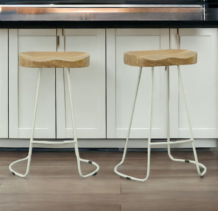 Set of Two 25" Natural And White Steel Backless Counter Height Bar Chairs