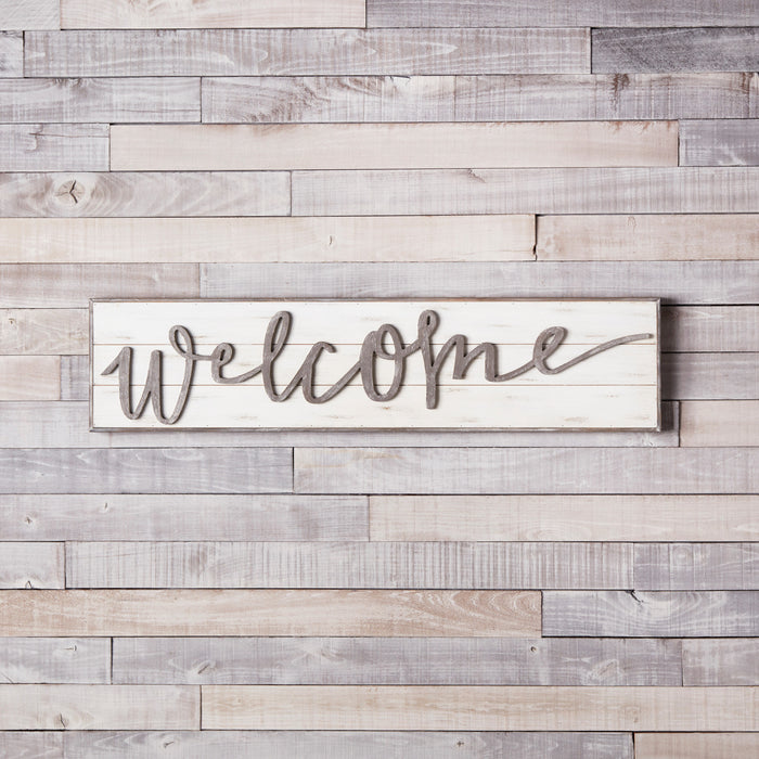 11" X 48" White and Gray Welcome Solid and Manufactured Wood Wall Decor