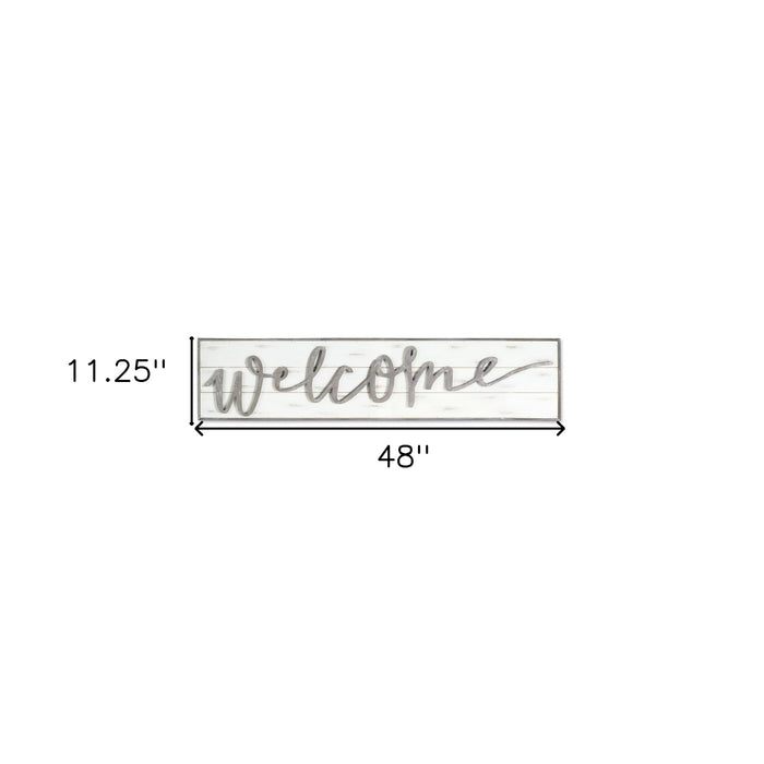 11" X 48" White and Gray Welcome Solid and Manufactured Wood Wall Decor