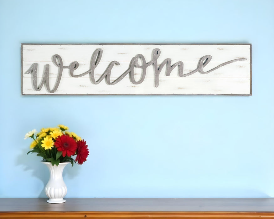 11" X 48" White and Gray Welcome Solid and Manufactured Wood Wall Decor