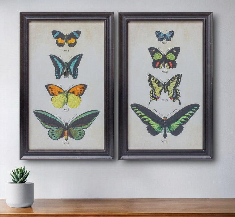 Set of Two 18" X 11" Black Blue and Green Butterfly Solid Wood Framed Art