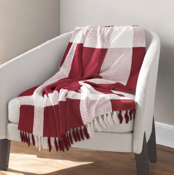 50" X 60" Red Woven Cotton Checkered Throw Blanket with Fringe