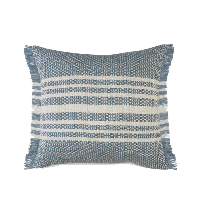 24" Blue and Off White Striped Indoor Outdoor Throw Pillow With Fringe