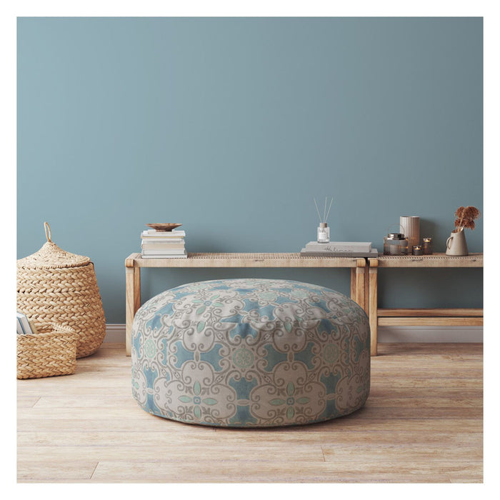 24" Blue Cotton Round Ikat Pouf Ottoman