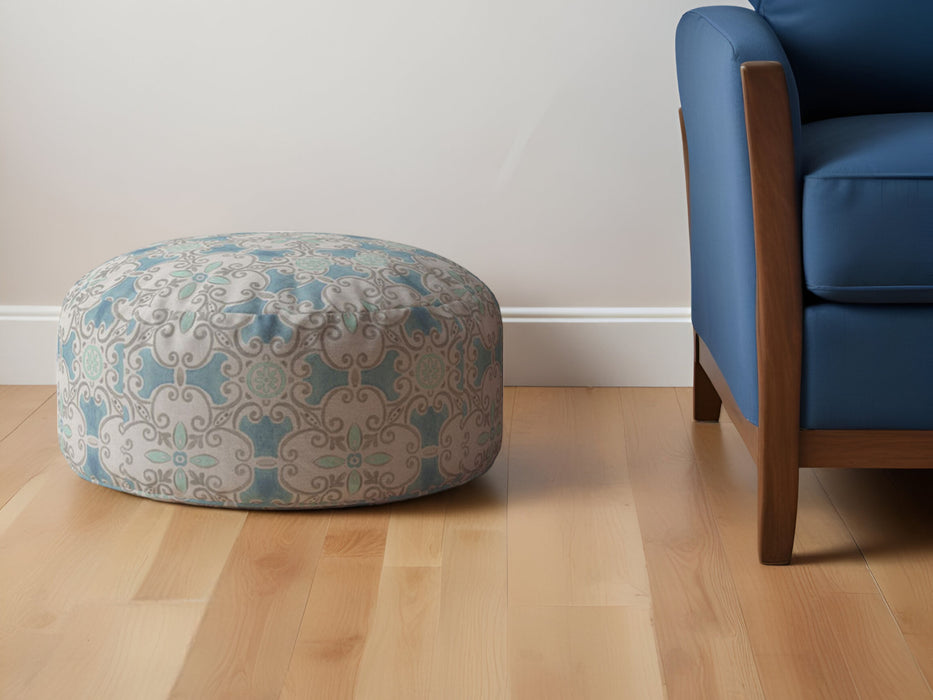 24" Blue Cotton Round Ikat Pouf Ottoman