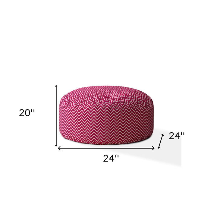 24" Pink Cotton Round Chevron Pouf Ottoman