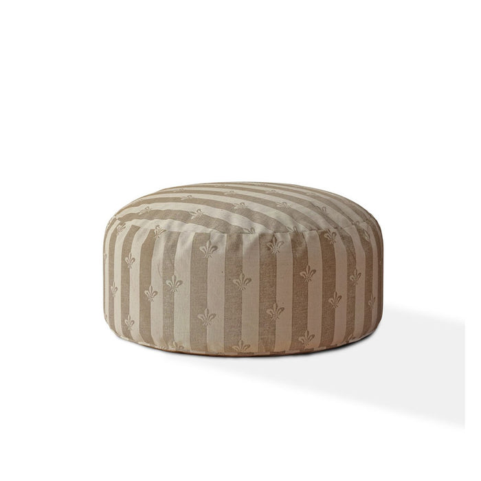 24" Taupe Cotton Round Floral Pouf Ottoman