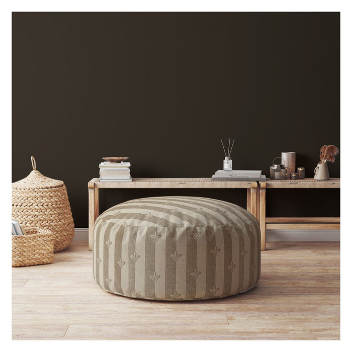 24" Taupe Cotton Round Floral Pouf Ottoman