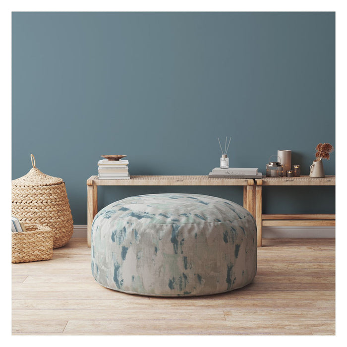 24" Blue and White Canvas Round Abstract Pouf Ottoman