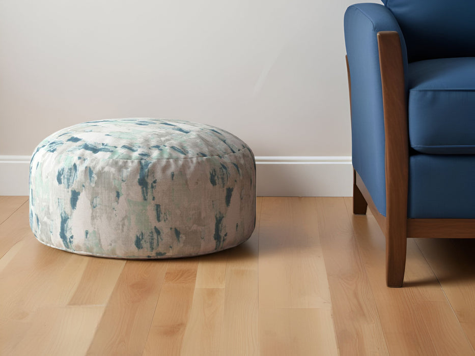 24" Blue and White Canvas Round Abstract Pouf Ottoman