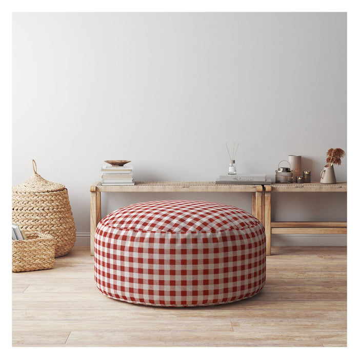 24" Red and White Cotton Round Gingham Pouf Ottoman