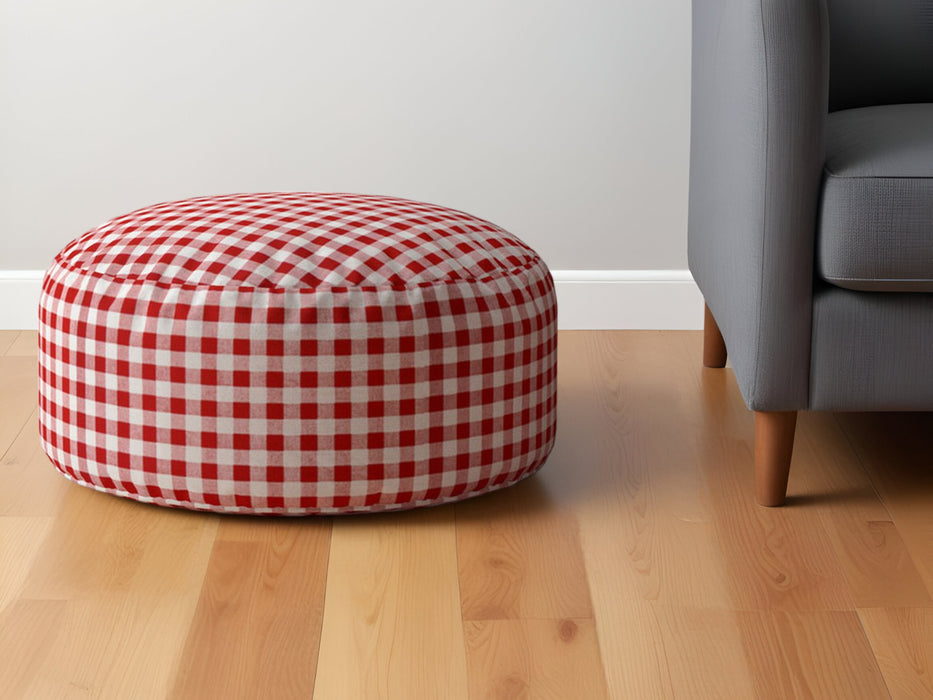 24" Red and White Cotton Round Gingham Pouf Ottoman