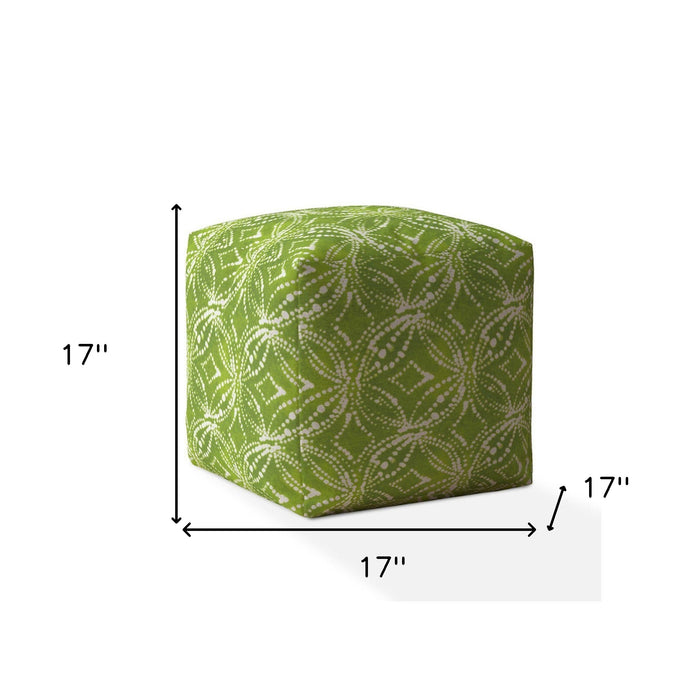 17" Green and White Cotton Damask Pouf Ottoman