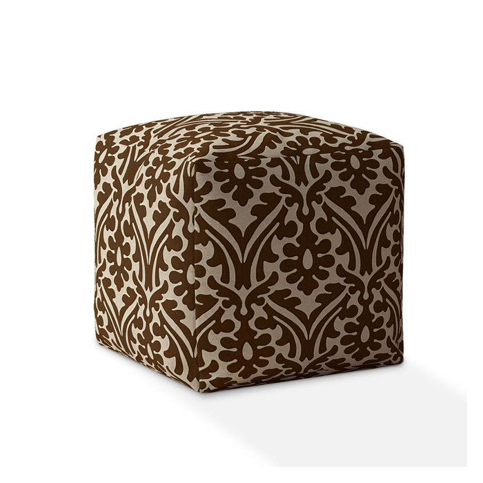 17" Brown Cotton Damask Pouf Cover