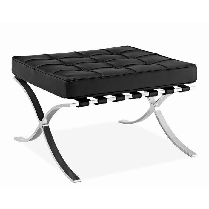 24" Black Genuine Leather and Silver Tufted Footstool Ottoman