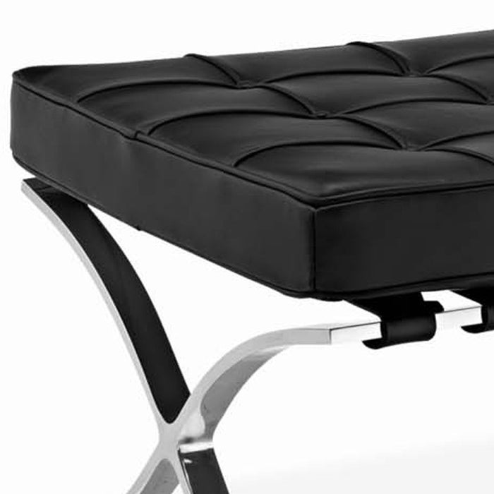 24" Black Genuine Leather and Silver Tufted Footstool Ottoman