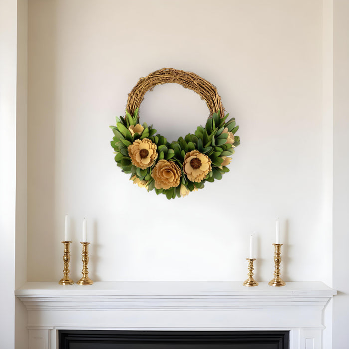 12" Brown Green and Yellow Wood Shaving Artificial Wreath