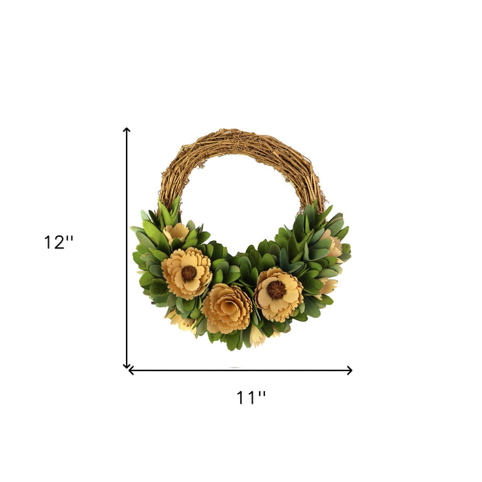 12" Brown Green and Yellow Wood Shaving Artificial Wreath